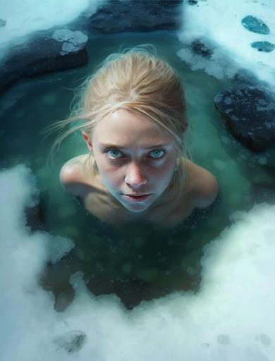 POV looking down at a hot swedish teen girl in a hot spring, glacial background --ar 17:22 --q 5 --stylize 1000 --chaos 100