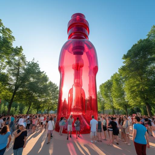 POV looking up at a giant installation of a red colored lotion bottle, in the middle of a park, hyperrealistic image, as people stand in lines to enter the installation