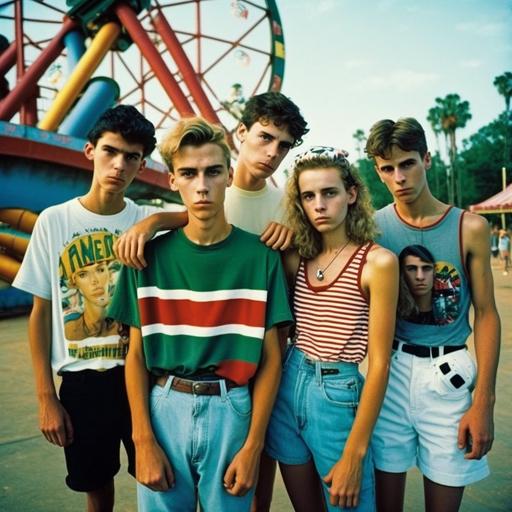 photography group of 7 boys and girls at an amusement park, colorful cloths, 90s mood, 90s photography, full body height portrait with feet, kodak ektachrome :: --v 4 --s 750 --q 2