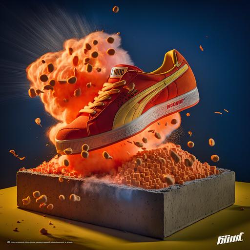PUMA NITRO shoe exploding from foam pit with moody lighting and smoke, realistic --c 75