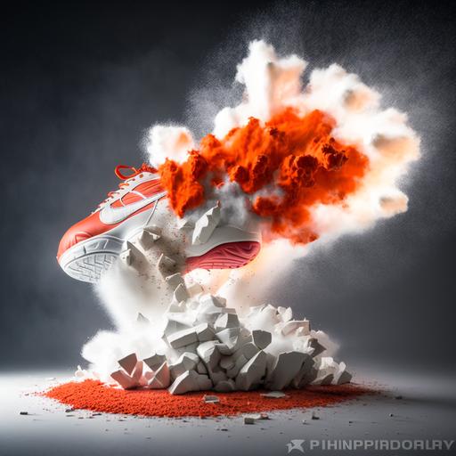 PUMA NITRO shoe exploding from foam pit with moody lighting and smoke, realistic --c 75