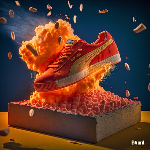 PUMA NITRO shoe exploding from foam pit with moody lighting and smoke, realistic --c 75