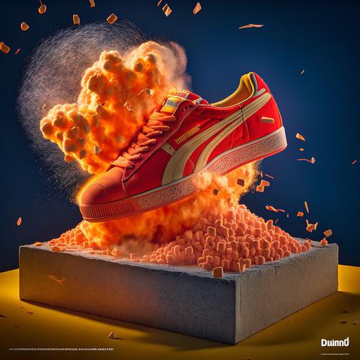 PUMA NITRO shoe exploding from foam pit with moody lighting and smoke, realistic --c 75