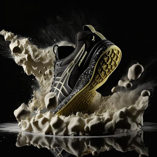 PUMA deviate NITRO 2 shoe bouncing in a foam pit with moody lighting, realistic