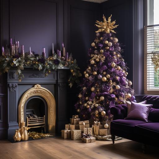 PURPLE AND GOLD CHRISTMAS TREE NEXT TO A FIREPLACE IN A NICE HOME