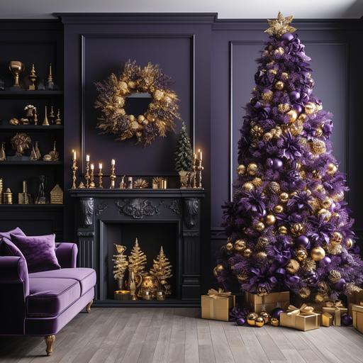 PURPLE AND GOLD CHRISTMAS TREE NEXT TO A FIREPLACE IN A NICE HOME