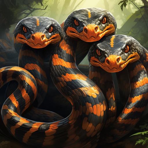 Painted, Illustration, Digital Drawing, The Runespoor was a magical three-headed snake Runespoors were commonly six to seven feet long with orange and black stripes.