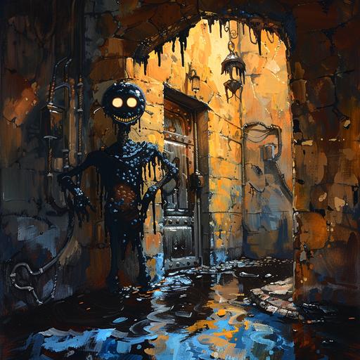 Painted Illustration of a dark a scary figure called the Unknown, an evil chocolate maker that lives in the walls