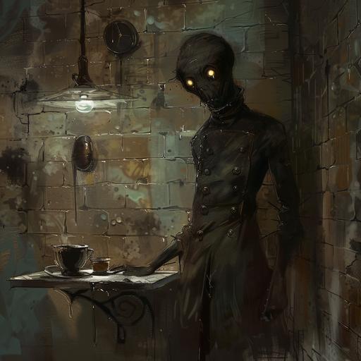 Painted Illustration of a dark a scary figure called the Unknown, an evil chocolate maker that lives in the walls, Character Design