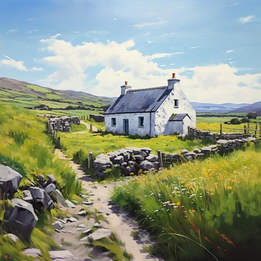 Painted picture irish cottage, white with black roof, stonewall around, in Irish idiyll landscape, green meadows, beautyful heaven