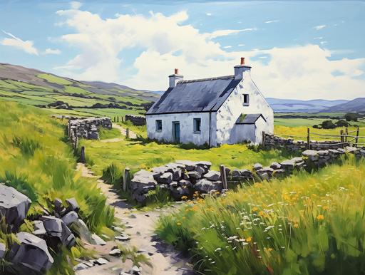 Painted picture irish cottage, white with black roof, stonewall around, in Irish idiyll landscape, green meadows, beautyful heaven --ar 4:3