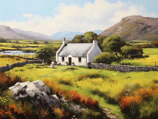 Painted picture old cottage, white house with black roof in Irish idiyll landscape, green meadows, rich colours --ar 4:3
