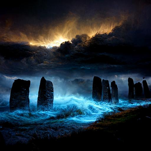 ocean by standing stones, Lewis Scotland, hyper realistic, photographic, luminescent waves, stormy sky, bright light on callanish stones, lord of the rings, in the style of William Turner
