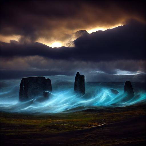 ocean by standing stones, Lewis Scotland, hyper realistic, photographic, luminescent waves, stormy sky, bright light on callanish stones, lord of the rings, in the style of William Turner