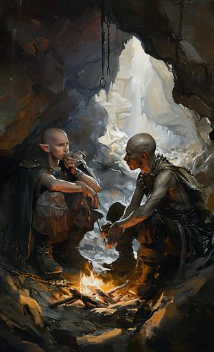 Painting by riccardo federici. The cinematic scene is cold tone, In a cave drawn by Frank Frazetta, two elf-like figures, hairless and youthful, elegants leather jackets and pants as they gather around a fire, enjoying a big soup feast. The surroundings are vividly detailed, emphasizing Walter Molino's skill in bringing out the characters' emotions and the warmth of the fire. digital Artwork, oil painting, dark and mysterious background, rembrant illumination scene, fine lines, moody, --ar 11:18 --v 6.0