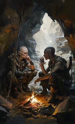 Painting by riccardo federici. The cinematic scene is cold tone, In a cave drawn by Frank Frazetta, two elf-like figures, hairless and youthful, elegants leather jackets and pants as they gather around a fire, enjoying a big soup feast. The surroundings are vividly detailed, emphasizing Walter Molino's skill in bringing out the characters' emotions and the warmth of the fire. digital Artwork, oil painting, dark and mysterious background, rembrant illumination scene, fine lines, moody, --ar 11:18 --v 6.0