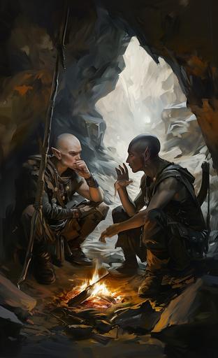 Painting by riccardo federici. The cinematic scene is cold tone, In a cave drawn by Frank Frazetta, two elf-like figures, hairless and youthful, elegants leather jackets and pants as they gather around a fire, enjoying a big soup feast. The surroundings are vividly detailed, emphasizing Walter Molino's skill in bringing out the characters' emotions and the warmth of the fire. digital Artwork, oil painting, dark and mysterious background, rembrant illumination scene, fine lines, moody, --ar 11:18 --v 6.0