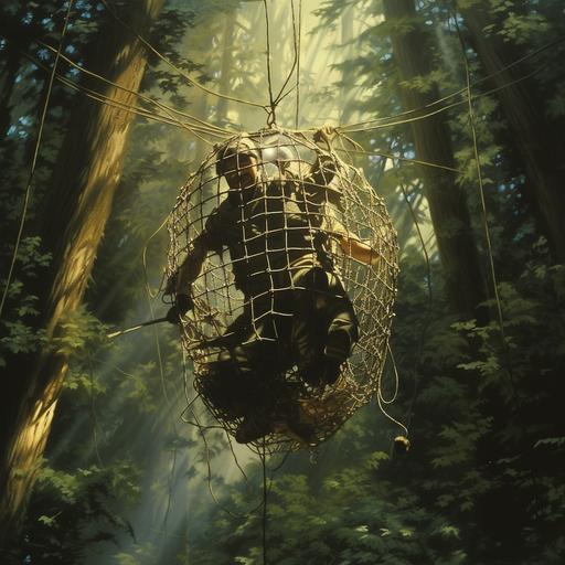 Painting of a medieval knight in armor stuck in a rope net trap in jungle, net trap, hovering above ground, 1970's dark fantasy art style, book cover art, realist: lifelike accuracy, volumetric lighting, --style raw --ar 1:1