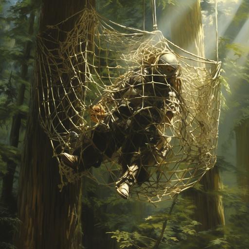 Painting of a medieval knight in armor stuck in a rope net trap in jungle, net trap, hovering above ground, 1970's dark fantasy art style, book cover art, realist: lifelike accuracy, volumetric lighting, --style raw --ar 1:1