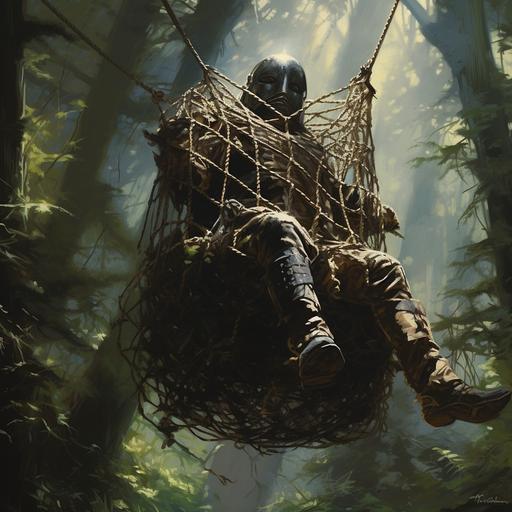 Painting of a medieval knight in armor stuck in a rope net trap in jungle, net trap, hovering above ground, 1970's dark fantasy art style, book cover art, realist: lifelike accuracy, volumetric lighting, --style raw --ar 1:1 --iw .5