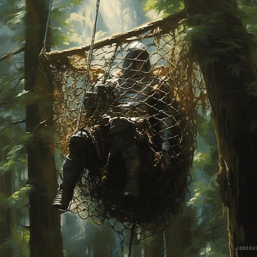 Painting of a medieval knight in armor stuck in a rope net trap in jungle, net trap, hovering above ground, 1970's dark fantasy art style, book cover art, realist: lifelike accuracy, volumetric lighting, --style raw --ar 1:1 --iw .5