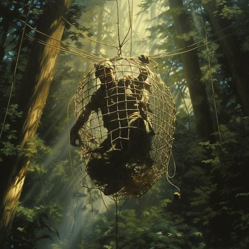 Painting of a medieval knight in armor stuck in a rope net trap in jungle, net trap, hovering above ground, 1970's dark fantasy art style, book cover art, realist: lifelike accuracy, volumetric lighting, --style raw --ar 1:1 --v 5.2