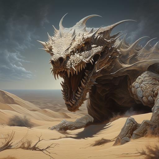 Painting of a sand dragon in a desolate desert, roaring dragon, sand dunes, 1970's surrealist dark fantasy art style, book cover art, realist: lifelike accuracy, volumetric lighting, --style raw --ar 1:1