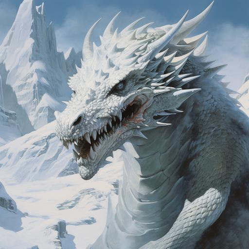 Painting of a white dragon covered in snow, frost breath dragon, snowy tundra background, 1970's surrealist dark fantasy art style, book cover art, realist: lifelike accuracy, volumetric lighting, --style raw --ar 1:1