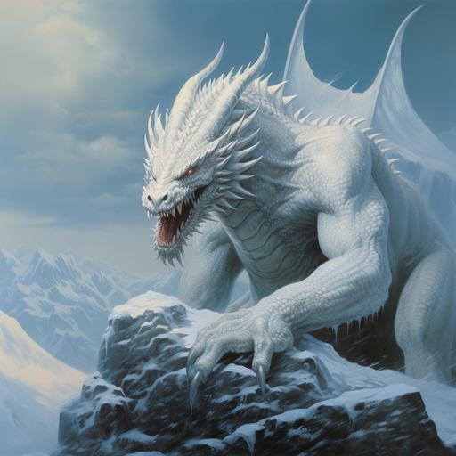 Painting of a white dragon covered in snow, frost breath dragon, snowy tundra background, 1970's surrealist dark fantasy art style, book cover art, realist: lifelike accuracy, volumetric lighting, --style raw --ar 1:1
