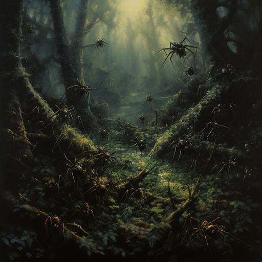 Painting of thousands of tiny spiders crawling through forest floor, 1970's dark fantasy art style, book cover art, realist: lifelike accuracy, volumetric lighting, --style raw --ar 1:1