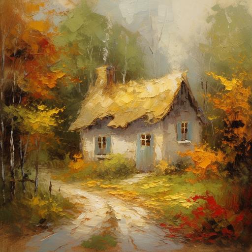 Painting, woodland cottage: A traditional painting featuring a charming cottage nestled among the trees of a forest. The house is depicted with a warm and inviting color palette, with stone walls and a thatched roof. The forest is depicted with a soft and dreamy style, with muted colors and impressionistic brushstrokes. The overall mood of the piece is one of cozy comfort and natural beauty. --v 5.1