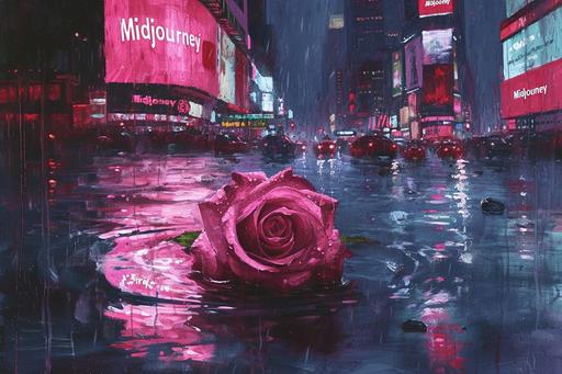 Palette knife painting wide angle overhead view of one wet dead rose crushed in the middle of a busy city street on a dark stormy rainy dark night, signs in the background with the text 