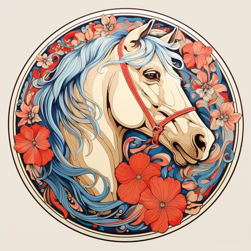 Palomino horse illustration, Red and blue aesthetic, Vintage, 1940s sticker, round shaped, in a floral circle frame, Art Nouveau style with long, sinuous lines, asymmetry, and natural objects such as vines, insect wings, and flower stalks, exotic, extravagant, geometric forms, maori patterns and motifs, intricate, contrasting, bold color, natural color, detail and patterns.