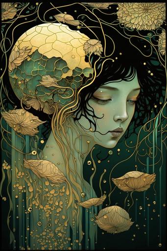 painting with gold leaf, young woman swimming among gold filigree jellyfish, gentle smile, vivid colors, green eyes, curious gaze, reflective gold, dramatic clean lines, by gustav klimt, audrey kawasaki, alphonse mucha --q 2 --ar 2:3