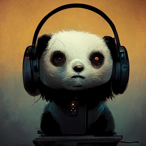 Panda playing PC in a headphones