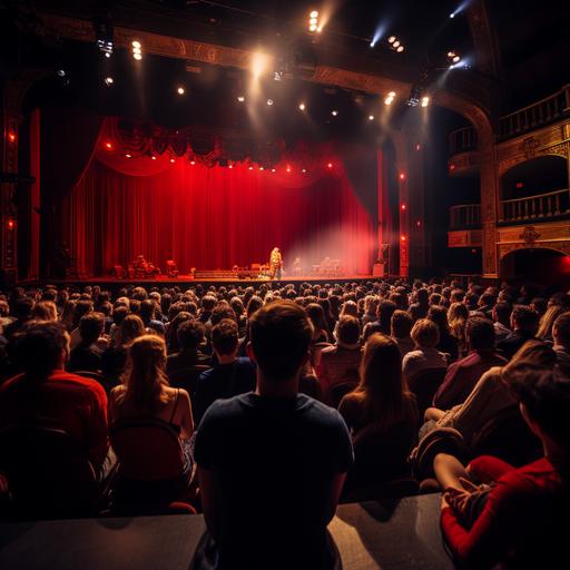 Panoramic photograph capturing the full breadth of a theatrical stage from the audience’s perspective from a 10th row seat. A dark red curtain is closed, providing a seamless background across the stage. Down Stage Right is gently illuminated from above, where a blonde teenager, adorned in 1920s flapper fashion, is seated, engrossed in a conversation via an old fashion candlestick telephone. A quaint Tiffany lamp and a telephone table accompany her. On the opposite side, Down Stage Left, a similarly soft light reveals a redhead teenager in matching flapper attire, engaging with her own candlestick telephone and telephone table. The central part of the stage is softly shadowed, allowing the illuminated scenes to stand out, embodying the essence of a 1920s theatrical setting. --s 250