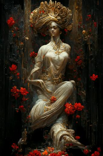 Paolo Serpieri style :: Queen godess of Love sitting on a flower throne :: painting by Boris Vallejo :: the Elyseum gardens :: intricate detailed, on walls statues of lotus, godrays, dark background, reds tentures, hyper detailed, hyper realistic, environment cinematic scene, ultra realism, octane render, 8k, --ar 10:15