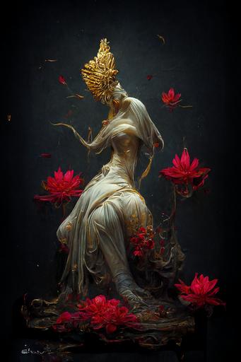 Paolo Serpieri style :: Queen godess of Love sitting on a flower throne :: painting by Boris Vallejo :: the Elyseum gardens :: intricate detailed, on walls statues of lotus, godrays, dark background, reds tentures, hyper detailed, hyper realistic, environment cinematic scene, ultra realism, octane render, 8k, --ar 10:15
