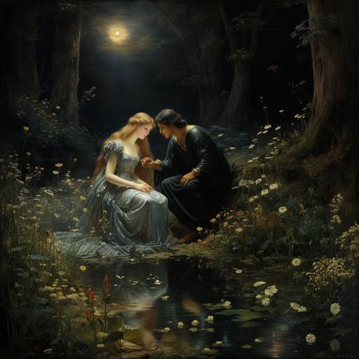 Paolo y Francesca da Rimini by Gustave Doré, keep the characters and add place them in a forest, starry night, small rabit running on the ground, lots of flowers, doe resting in the left corner, swans on a lake on the right