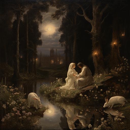Paolo y Francesca da Rimini by Gustave Doré, keep the characters and add place them in a forest, starry night, small rabit running on the ground, lots of flowers, doe resting in the left corner, swans on a lake on the right