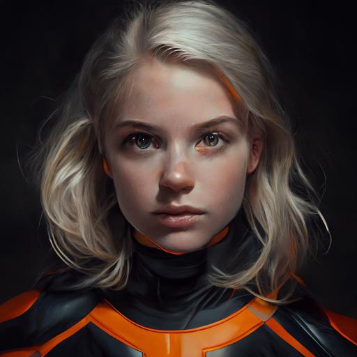 a young white blond girl portrait, she's wearing a black and orange tight tactical super-hero costume with a lot of details, In the Style of DANIELLE NOEL ART, epic, dark, anamorphic lens, hyper realistic