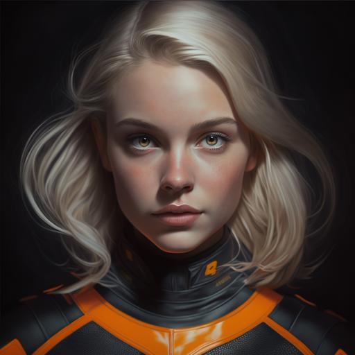 a young white blond girl portrait, she's wearing a black and orange tight tactical super-hero costume with a lot of details, In the Style of DANIELLE NOEL ART, epic, dark, anamorphic lens, hyper realistic
