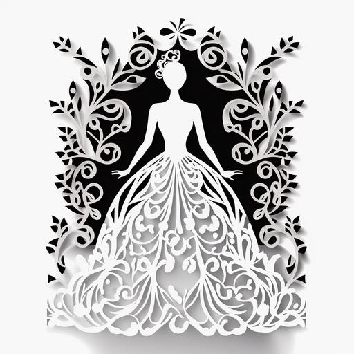 Paper Cuttings Art Invitation Card Laser Cut, solid color,Baroque Curly Grass symmetry pattern in Girl Dress,Vector plot outline display, white background,high detail, 8k