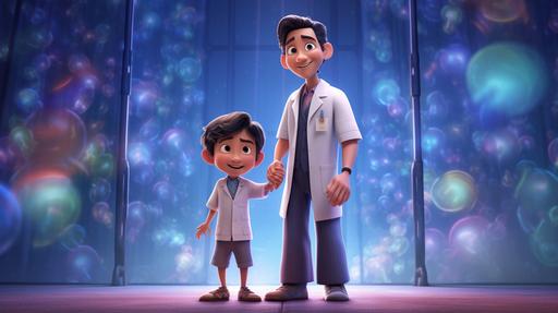 a medium shot of a pixar cartoon image of an asian boy and his doctor dad is on the stage. the boy is proudly introducing his dad. --ar 16:9