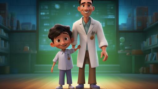 a pixar cartoon image of an asian boy and his doctor dad is on the stage. the boy is proudly introducing his dad. --ar 16:9