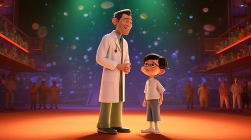 a pixar cartoon image of an asian boy and his doctor dad is on the stage. the boy is proudly introducing his dad. --ar 16:9