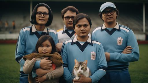 four generation males of an indonesian family all wear blue jerseys, including their cat and a baby in a football field, happy, wes anderson style, --ar 16:9