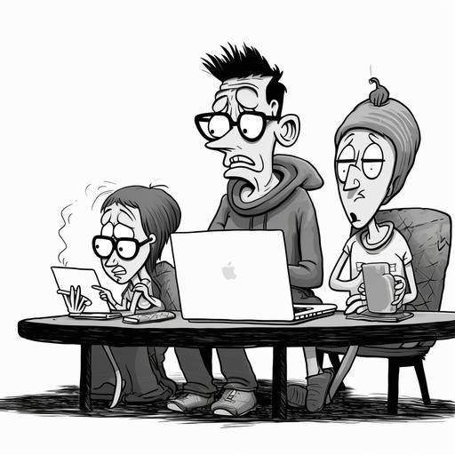 Parents played cartoons on their laptop for their child in Black&white Contour drawing without fill