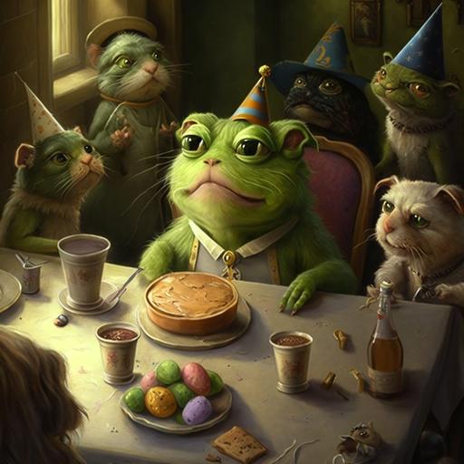 kermit the frog: in a birthday party: with cats, photo, high details, top level view, --q 2