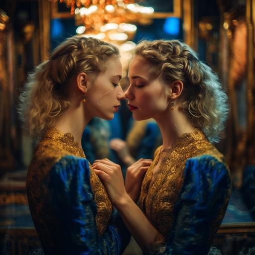 Passionately wild kissing young and feminine teen blonde beautiful lesbian couple with natural hair and faces dressed in blue and golden brocate gowns, in the futuristic heavenly palace of mirrors: 👁️ 🪞  👩‍❤️‍👩 fractalized, love what a concept, hyperrealistic, 70mm film, intrinsic detail, dramatic lighting, ultra sharp photo, by alejandro jodorowky --q 2 --v 5 --s 750 --q 2